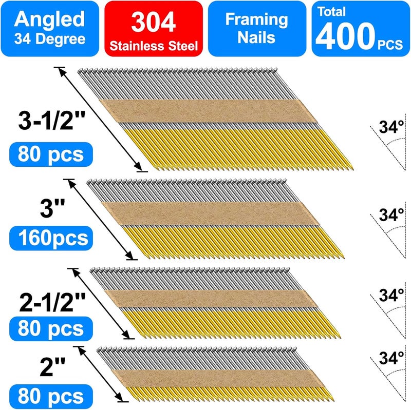 SimCos 34-30 Degree Framing Nails 304 Stainless Steel D Head Paper Tape Strip Nails for 30 to 34 degree Framing Nailer (2"+2-1/2"+3"+3-1/2"-400 PCS) - Image 3